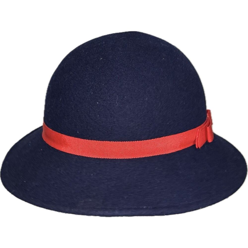 Vintage Doeskin Womens‎ Blue Felt Hat With Red Ribbon Bow
